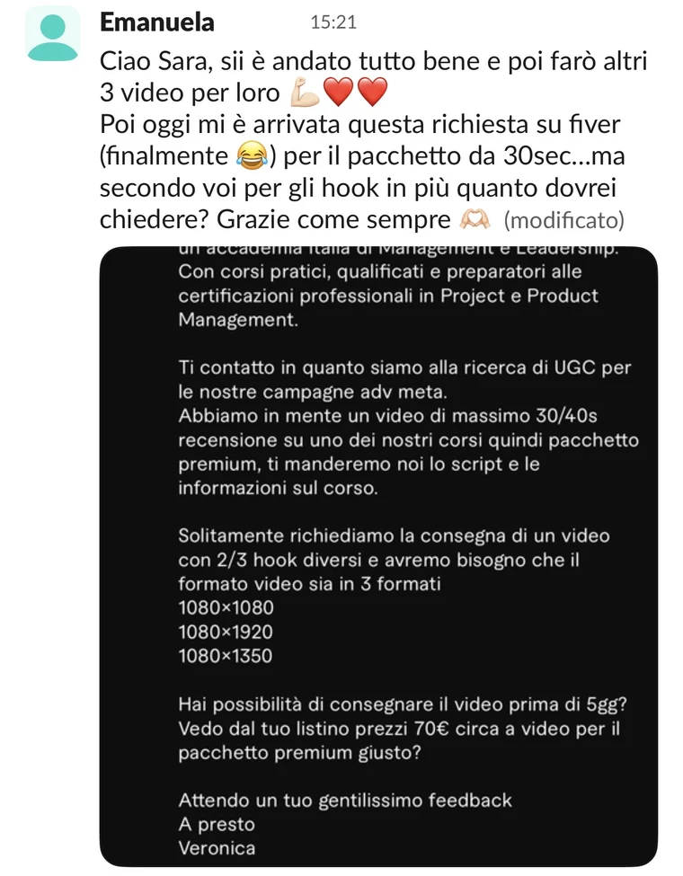 Messaggio di Emanuela nel canale #win: È il brand a cercarla richiesta arrivata su Fiverr