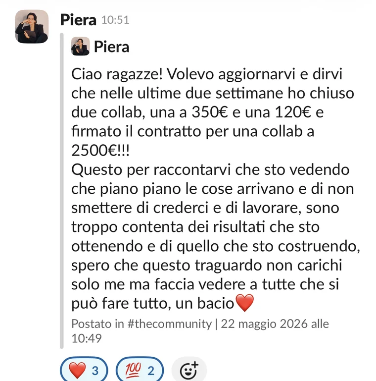 Messaggio di Piera nel canale #win: 2.970€ in due settimane, contratto firmato